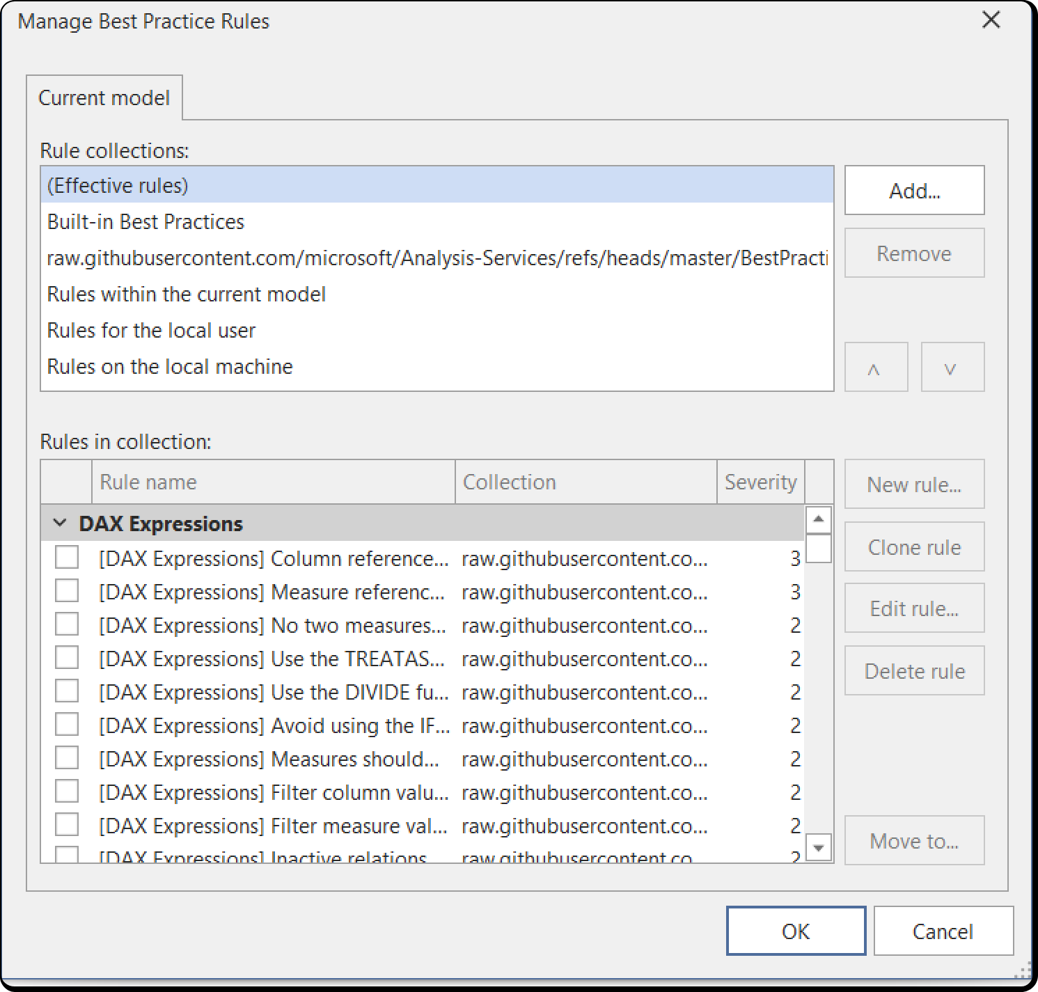 Manage Best Practice Rules dialog with the list of rule collections at the top and the rules of the selected collection below