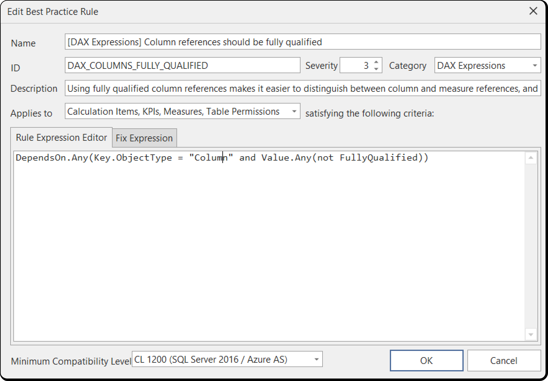 Best Practice Rule editor with the name, ID, severity, category, description, applies-to and expression fields