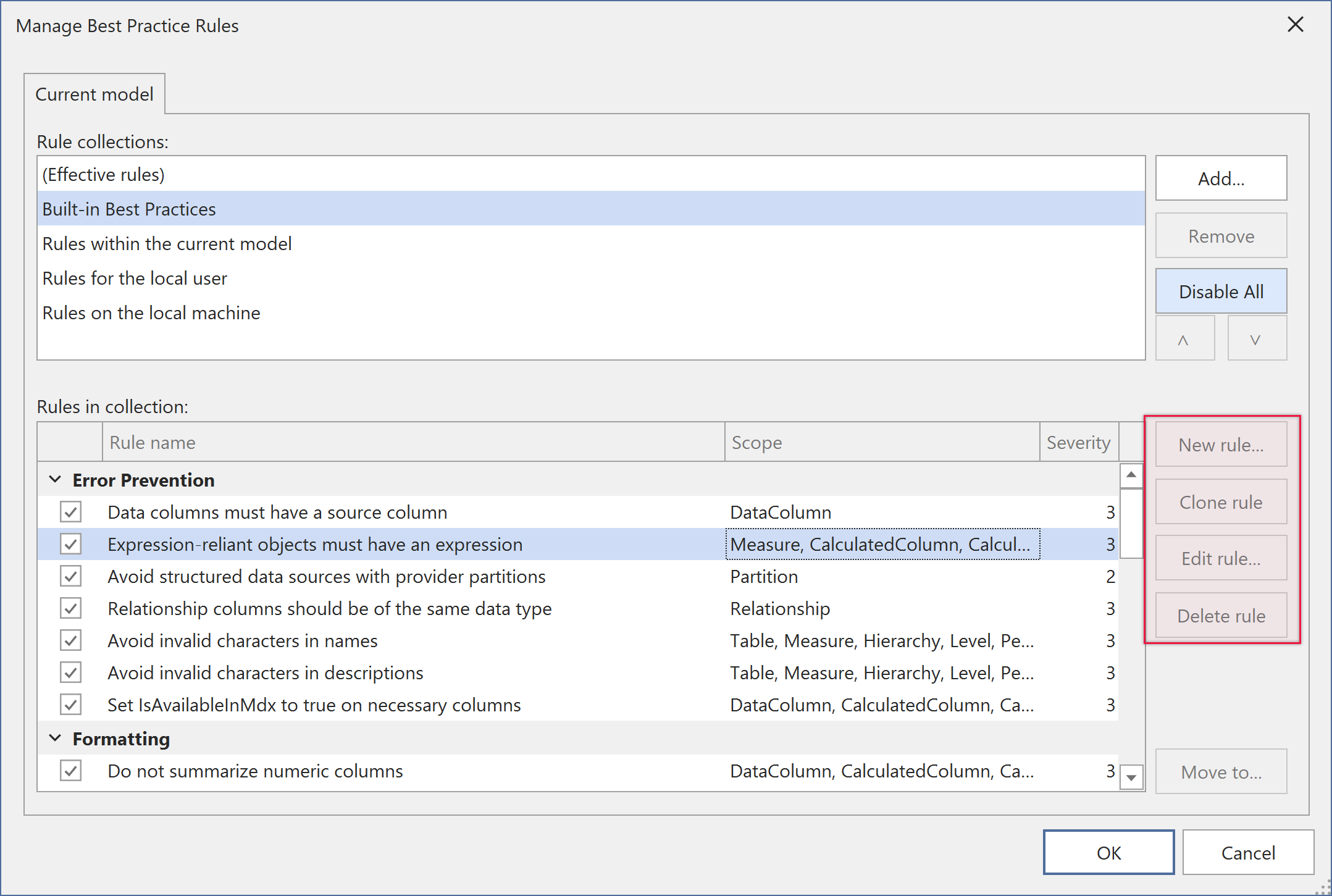 Screenshot showing built-in rule with read-only badge/icon in BPA window