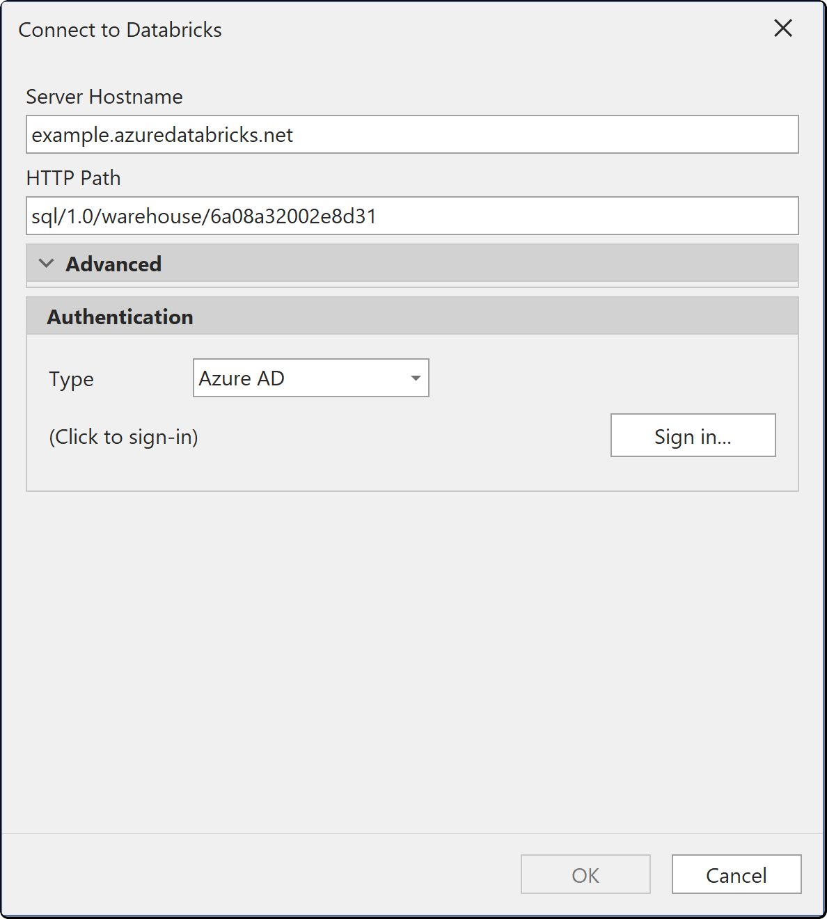 The Connect to Databricks dialog, with Azure AD selected as the authentication type and a Sign in button beside it