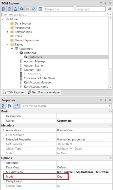 The Customers partition selected in TOM Explorer with Mode set to Dual in the Properties panel