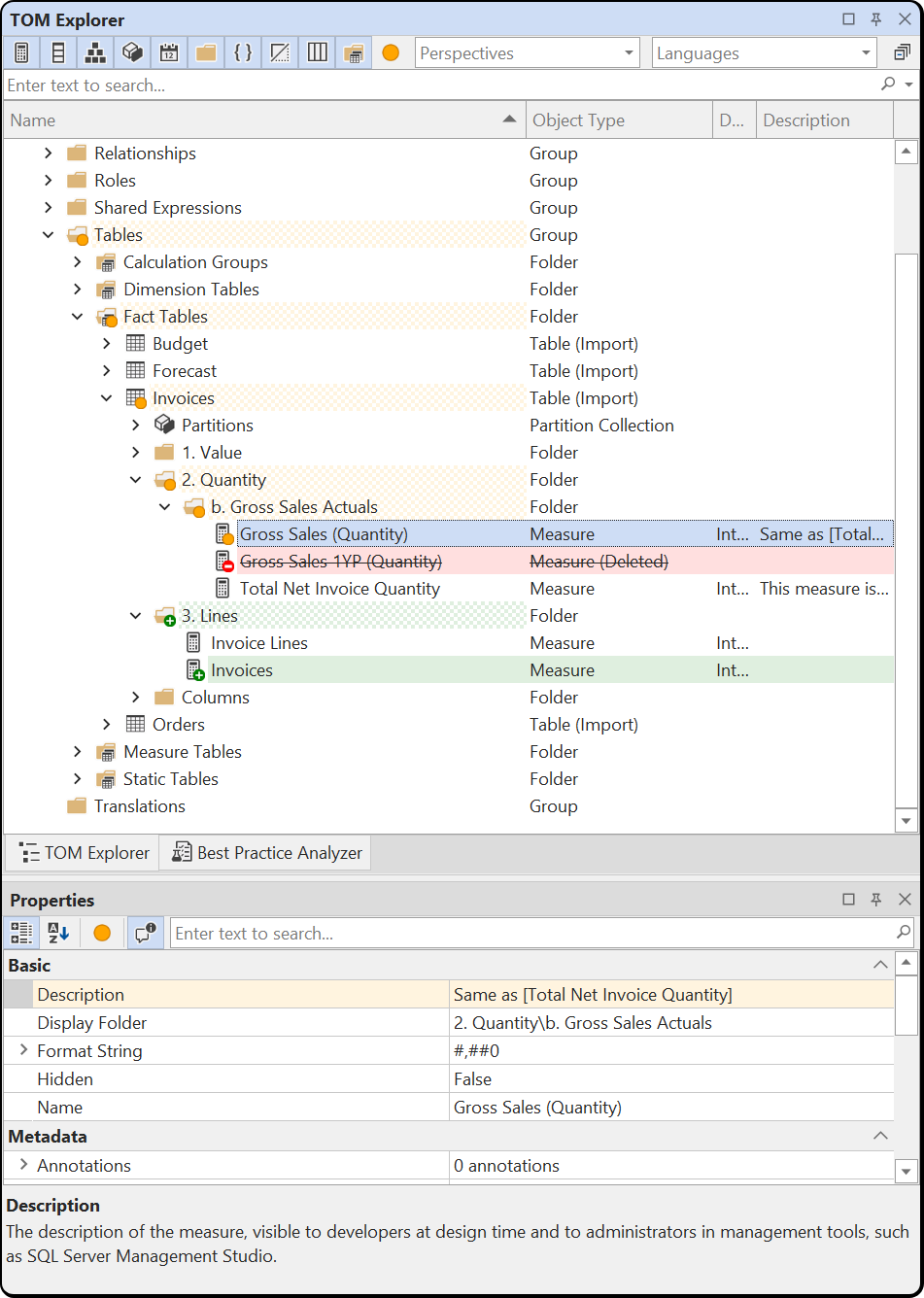 TOM Explorer with edited, added and deleted measures highlighted, and the Properties view with the changed Description row highlighted